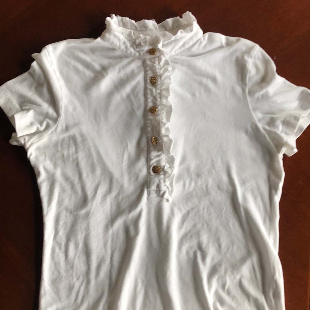 Tory Burch White Gold Buttons Ruffle Polo Shirt Size Medium